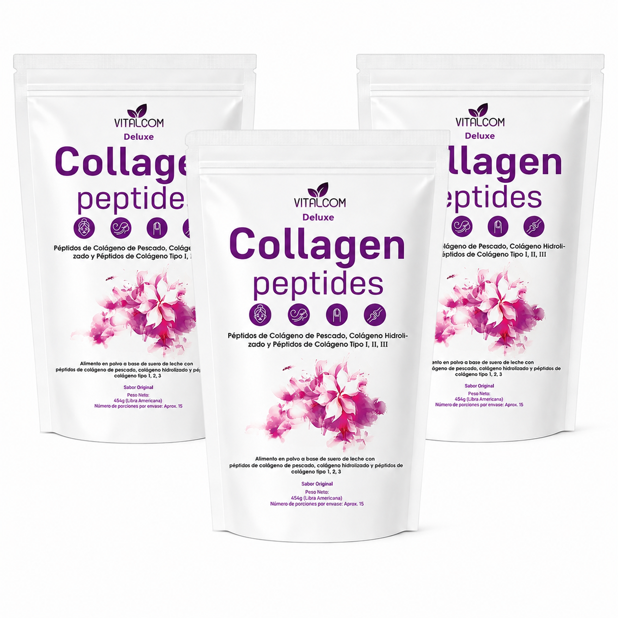Deluxe Collagen Peptides Vitalcom 454g es un suplemento alimenticio en polvo con péptidos de colágeno hidrolizado tipo I, II y III, colágeno marino, vitaminas y minerales. Su fórmula de alta biodisponibilidad ayuda a complementar la alimentación diaria y aporta nutrientes esenciales como vitamina C, magnesio, zinc y complejo B. Presentación premium resellable de 454 g, sabor original. Registro INVIMA RSA-0031262-2024. Producto elaborado en Colombia.