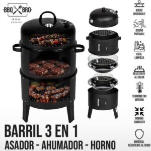Barril Ahumador y Asador 3 en 1 Premium en Acero Inoxidable con Termómetro Integrado