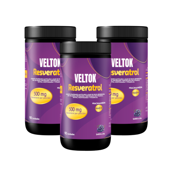 Resveratrol Veltok ByPluss 500 mg con Niacinamida, Vitamina D, E y Biotina | 90 Tabletas Masticables Sabor Uva