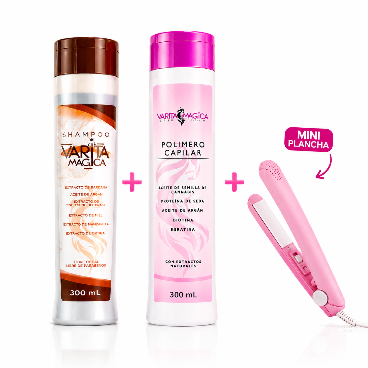 Combo Liso Perfecto Varita Mágica Choco Shampoo 300 ml+ Polímero Capilar 300ml + Obsequio Mini plancha