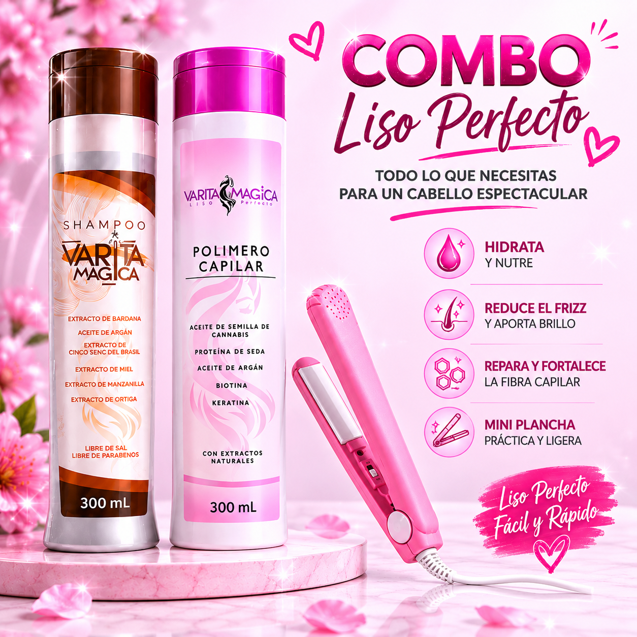 Combo Liso Perfecto Varita Mágica Choco Shampoo 300 ml+ Polímero Capilar 300ml + Obsequio Mini plancha