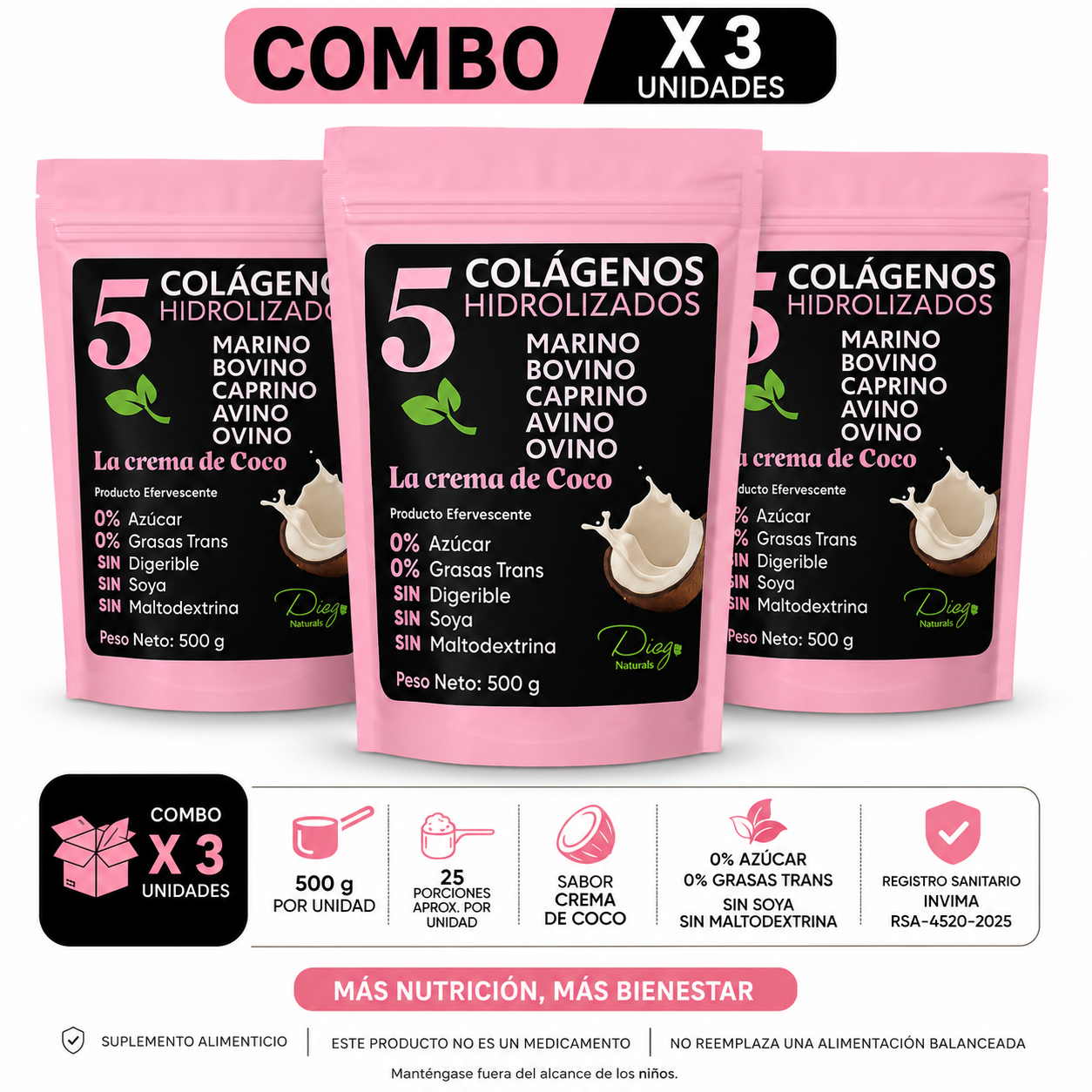 Colágeno Hidrolizado Marino, Resveratrol y Nicotinamida (Precursora de NAD+) 500 Gramos