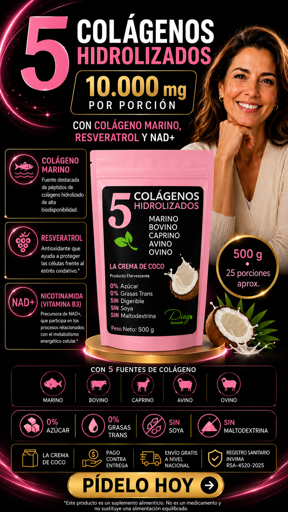 Colágeno Hidrolizado Marino, Resveratrol y Nicotinamida (Precursora de NAD+) 500 Gramos