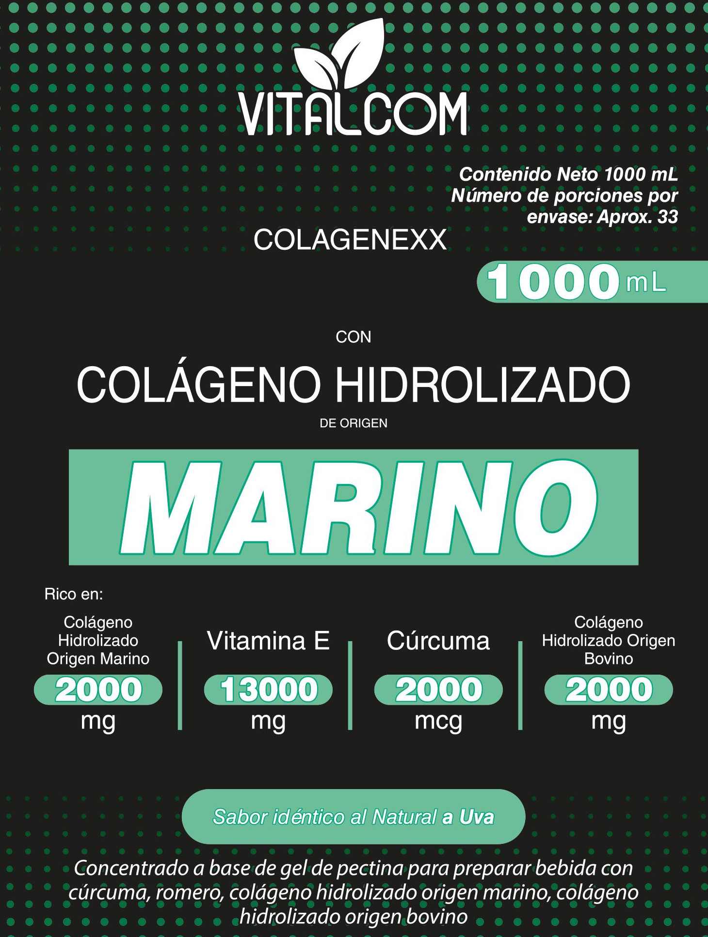 Colágeno Hidrolizado Marino con Vitamina E y Cúrcuma | Colagenexx Vitalcom 1000 mL