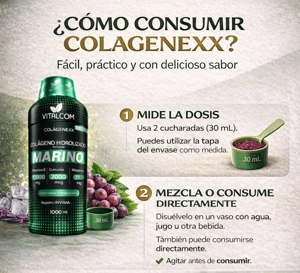 Colágeno Hidrolizado Marino con Vitamina E y Cúrcuma | Colagenexx Vitalcom 1000 mL