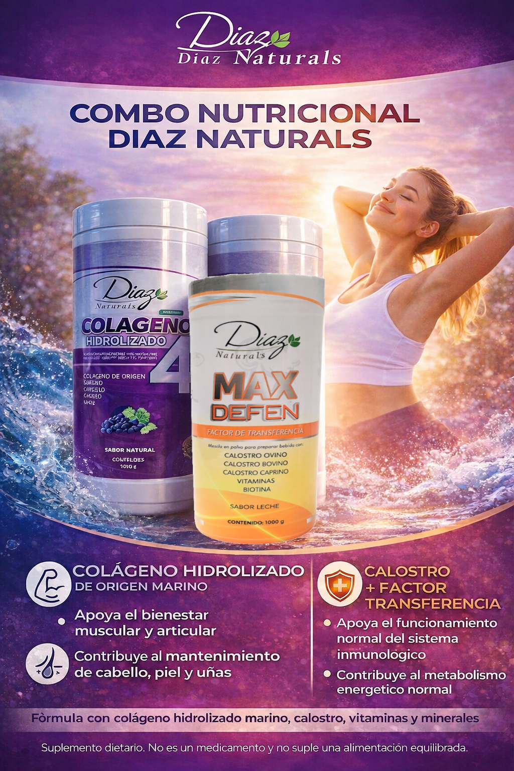 Combo 2 Colágeno Hidrolizado Marino COLAGEN4 1.000g + 1 Calostro MAXDEFEN Factor de Transferencia 1.000 Gramos Diaz Naturals