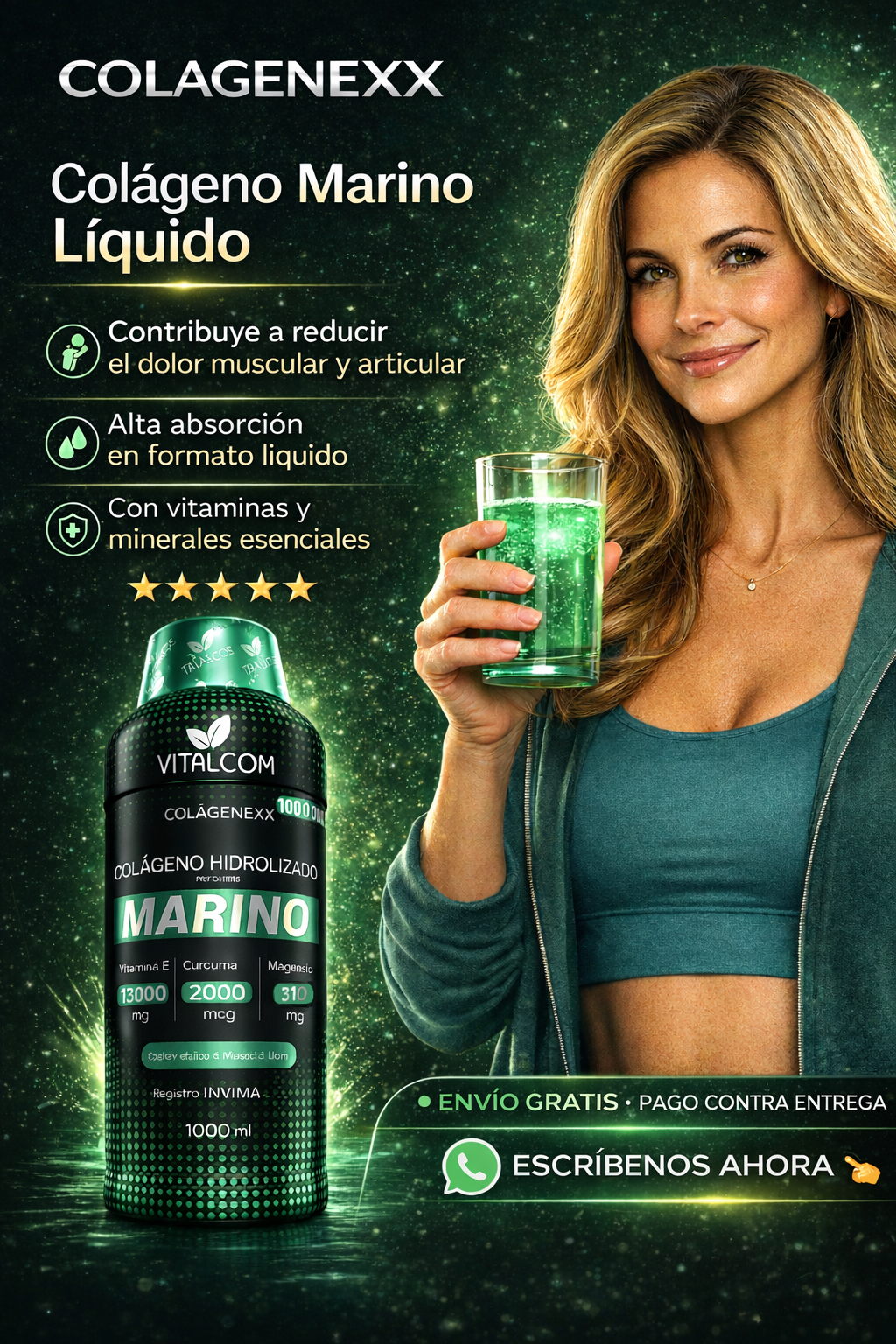 Colágeno Hidrolizado Marino con Vitamina E y Cúrcuma | Colagenexx Vitalcom 1000 mL